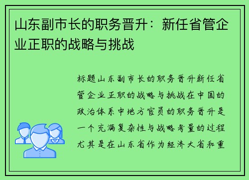 山东副市长的职务晋升：新任省管企业正职的战略与挑战